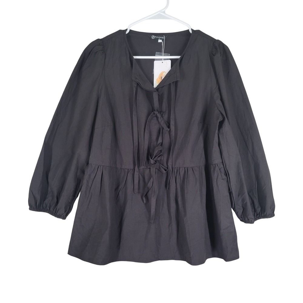 PrettyGarden Babydoll Peplum Top Women Medium Black NEW Tie Front Puff Sleeve